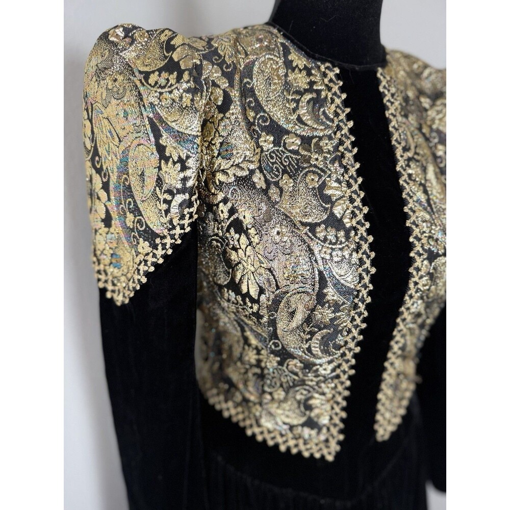 Jessica McClintock Vintage Black Velvet Gold Brocade Dress 12 Prairie Victorian - Picture 11 of 16